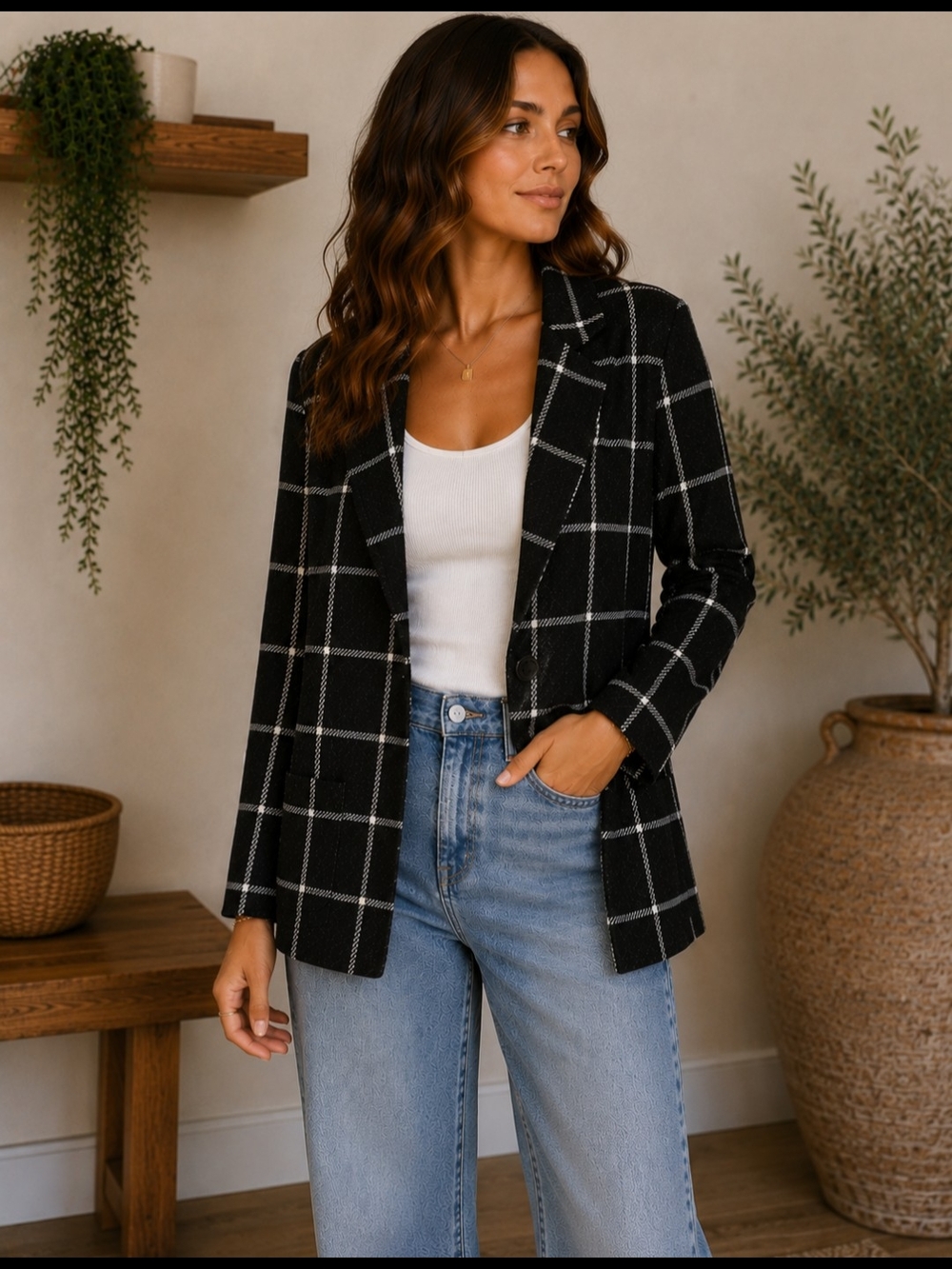 Have Black Plaid Open-Front Trench Blazer
